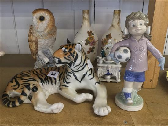 Pair Lladro figures & Russian tiger etc